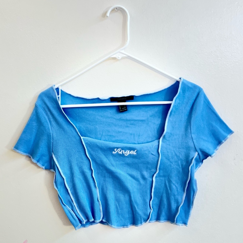 forever 21 sky blue "angel" seamed crop top
